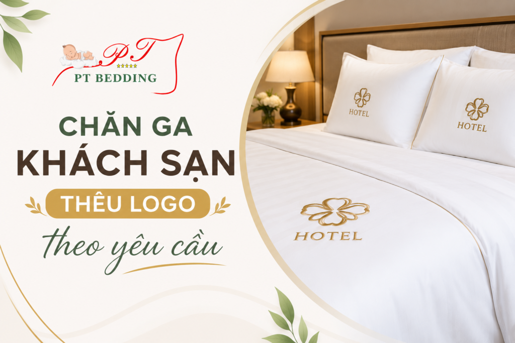 Chăn ga khách sạn thêu logo theo yêu cầu